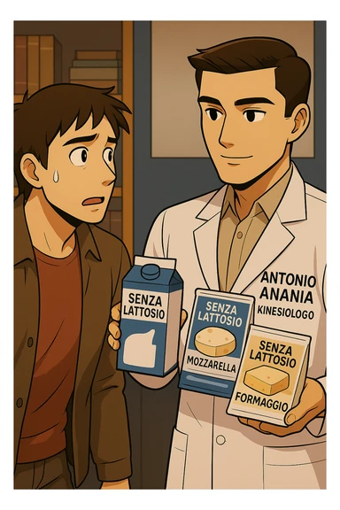 fai un webtoon manga a colori con questo stile, in cui un uomo ASCOLTA Il kinesiologo con il camice bianco (fagli anche la scritta "ANTONIO ANANIA" SUL CAMICE, IL KINESIOLOGO SPIEGA ALL'UOMO UNA MOSTRANDO VARI PRODOTTI DA SUPERMERCATO CONFEZIONATI (TIPO SCATOLA DI LATTE, MOZZARELLE CONFEZIONATE, FORMAGGIO CONFEZIONATO), OGNI CONFEZIONE HA LA SCRITTA "SENZA LATTOSIO SULL'ETICHETTA. L'UOMO OSSERVA IL KINESIOLOGO CON ESPRESSIONE CONFUSA IN VOLTO. non fare i fumetti però, fai solo in modo che sembri stiano parlando sticker
