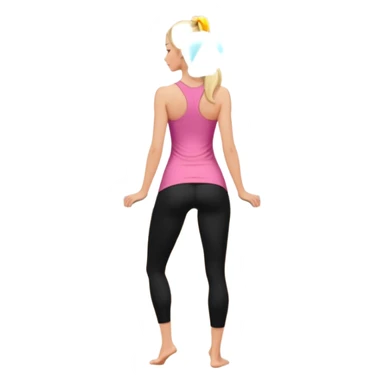 Render from knees up, view from the back, fair skinned woman, thin, long blond hair, cooking dinner in kitchen, pink loose tank top, showing natural B cup breast shape SFW, black yoga pants, perfect booty sticker