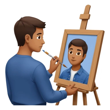 the artist stands with his back to the painting, painting a portrait sticker