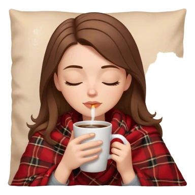 White girl brunette inside a brown and red flannel blanket sipping coffee eyes closed sticker