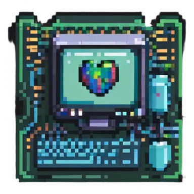 Minimalist technical pixel art IT support badge, bright colors, computer chip design sticker