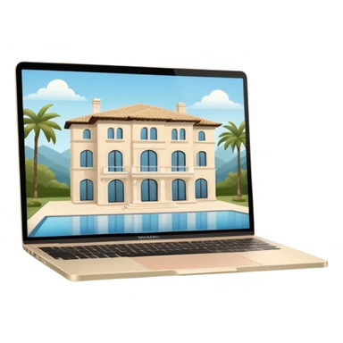 
light beige open macbook sideways with luxury villa on screensaver sticker