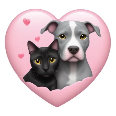 Grey pitbull and black cat cuddling with pink hearts  sticker