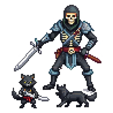 pixel art ninja skeleton wielding swords, accompanied by a fierce black wolf sticker