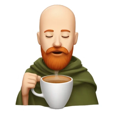 Bald man with red beard and mustache inside blanket eyes closed sipping coffee sticker