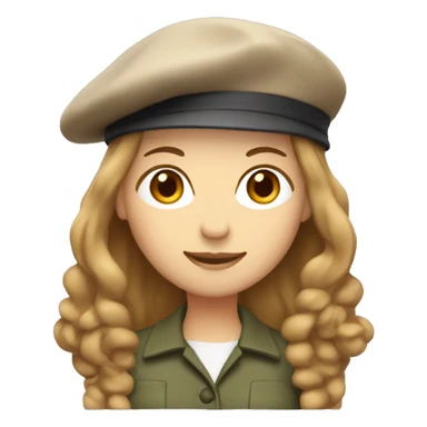 Woman with shoulder length light brown hair with beret sticker