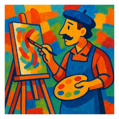 a professional painter, impressionist style, painting at an easel, vibrant colors, wearing an apron sticker