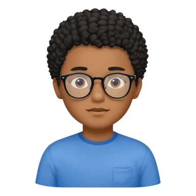 Menino moreno com cabelo curto cacheado preto, de óculos preto e blusa azul sticker