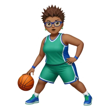 FULL BODY PLUS SIZE women with short hair SPIKEY HAIR and glasses playing basketball IN BLUE AND GREE UNIFORM NO WRITING sticker