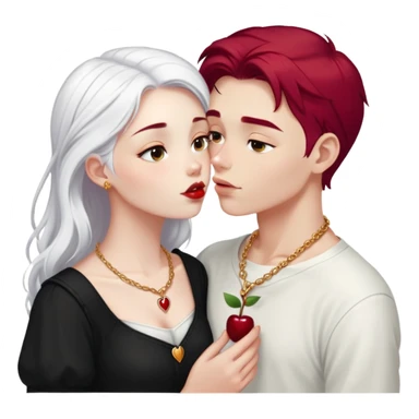 20 year old couple, boy with SHORT SNOW WHITE HAIR (completely WHITE), dark shirt, girl with long cherry red hair, light clothes, gold necklace, kissing sticker