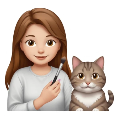 A image of a girl with light long brown hair doing her makeup with her chubby grey tabby cat. She is smiling sticker