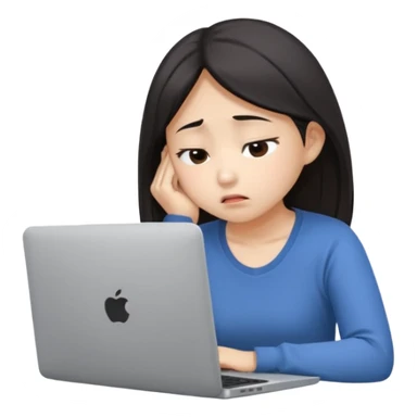 Create an emoji of a tired girl of Asian descent, sitting at a laptop, looking exhausted and frustrated. They have slouched posture, representing overwork and burnout. sticker