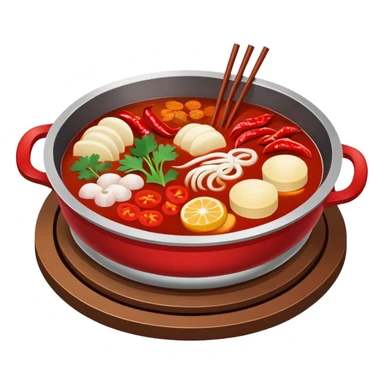 Sichuan Hot Pot with spicy red broth and ingredients, simplified emoji style with bold outlines and bright colors, cartoon style traditional Chinese divided hot pot sticker