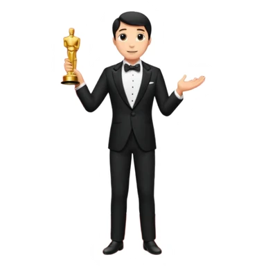 an actor standing on a red carpet with a formal tuxedo, with an oscar in his hand sticker