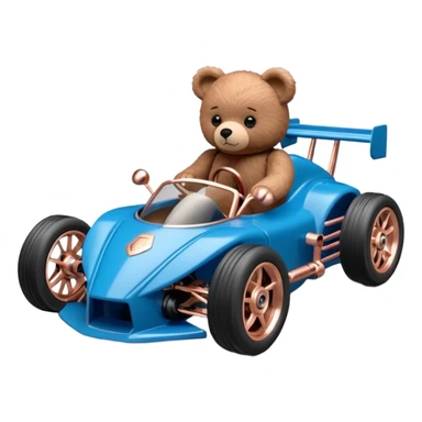 dar crystal blue and rosegold-accented rc racing car driven by a small evil scary teddy bear with rear spoiler, safety cage, and wheely bar sticker