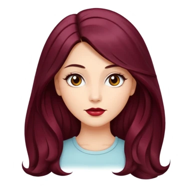 young glamorous woman 
Long waist-long hair
hair parted in the centre of her face
slightly wavy
dark burgundy hair 
 sticker