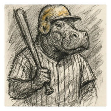hippo holding a baseball bat, wearing a yellow helmet, pinstripes outfit sticker