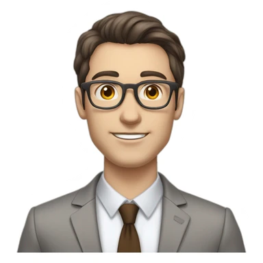 Pale skinned fit man with dark brown hair in gray jacket, beige office shirt, brown tie, brown pants and vintage glasses Writing on the flipchart sticker