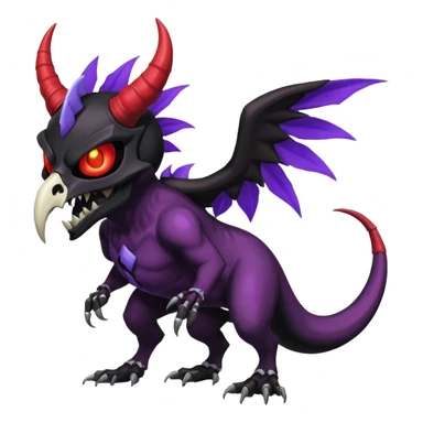 Shiny Dark Edgy  Duskull-Noivern-Incineroar-Salandit-Inteleon-Amaura-Fakémon-hybrid-creature (full body) with a horned bird-skull-mask sticker