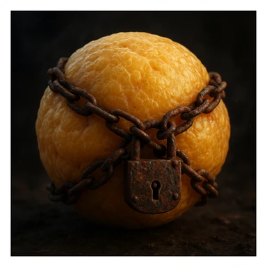 adipocyte with rusty chains and padlock, hyper realistic 4K, cellular details, dramatic atmosphere sticker