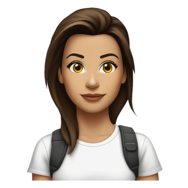 3/4 face, contrasted, shadow, light, Eva Longoria expression, standing from a distance, thin nose, brunette woman, hazel eyes, long eyelashes, dark shoulder shaded hair, white t-shirt, jeans, white sneakers sticker