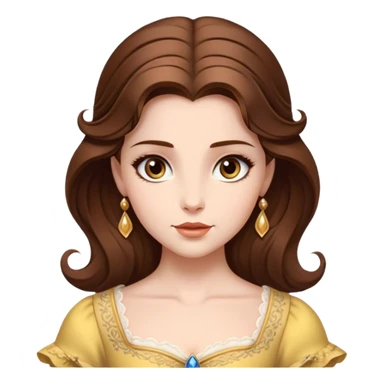 Cinematic Realistic Belle Portrait, depicted with lifelike skin texture, soft natural lighting, and intricately detailed brown hair styled elegantly. Her deep, expressive eyes exude warmth and intelligence, complemented by a serene and graceful expression. She is dressed in her classic attire, with rich fabric textures and delicate folds that catch the light beautifully. The portrait features a soft, enchanting glow with a natural, radiant finish, capturing the essence of timeless beauty in a realistic and painterly style, evoking a sense of depth and authenticity. sticker