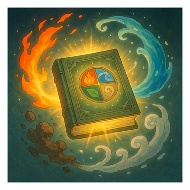 an ancient book with elemental motifs, floating and radiating magical light, with fire, water, earth, and air swirling around, in a ghibli-inspired style sticker