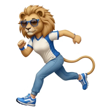friendly anthropomorphised female lion wearing a baseball shirt, jeans, trainers, dark sunglasses, jogging upright, looking dominant and confident sticker
