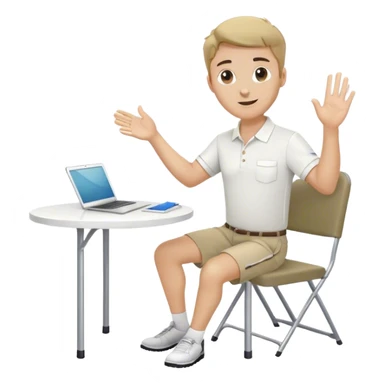 Pool attendant. white polo shirt. khaki shorts. waving. Sitting at white folding table. folder on table sticker