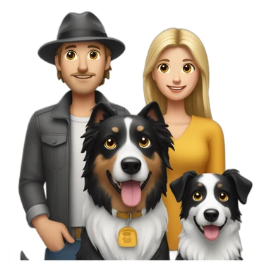 white family group consisting of man in hat and woman with ponytail long hair and small black border collie dog sticker