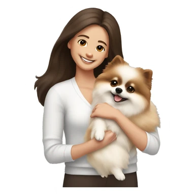White and beige Pomeranian in the hands of a white young woman with dark brown hair smiling and cuddling the dog  sticker