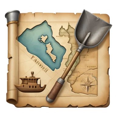 An icon showing a close-up of a shovel, an ancient vessel, and a weathered map, symbolizing archaeology. The design highlights the tools of discovery and the excitement of unearthing historical artifacts. Transparent background emphasizes the focus on the objects. sticker