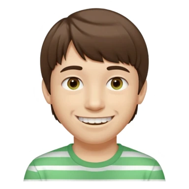 The guy has short, straight brown hair with bangs slightly forward. His complexion is fair. He has light- brown eyes. His face shape appears oval. He is smiling, showing braces on his teeth. The ears are slightly prominent.  He is wearing a light green tshirt with subtle stripes sticker