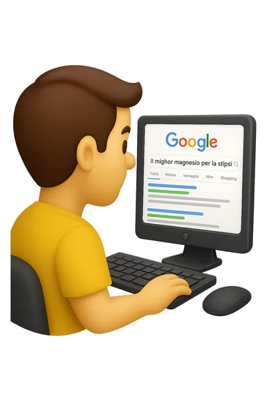 emoji stile iphone di un uomo davanti al pc che cerca di google: "Il miglior magnesio per la stipsi", iperrealistico 4k sticker