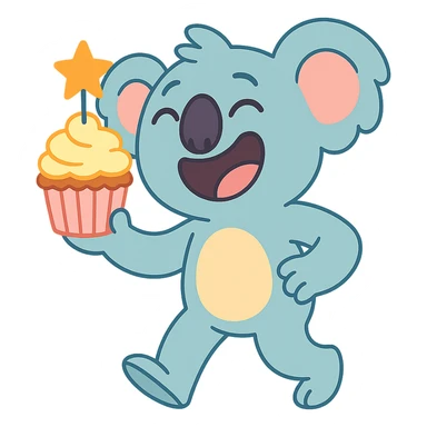 full-body laughing koala holding cupcake with star candle, pastel-toon style sticker