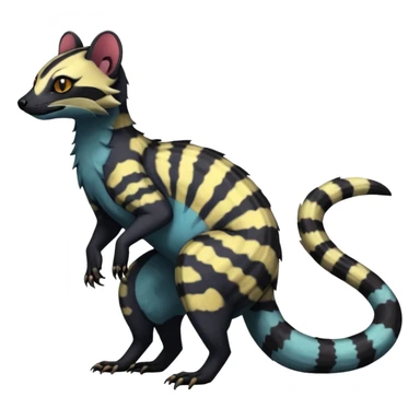 Rare warm-colored exotic edgy epic aesthetic gloomy spooky dark modern colorful cyber-Genet-Trico-Salandit-Civet-species-Fakemon-hybrid-creature, with beautiful intricate markings, full body sticker