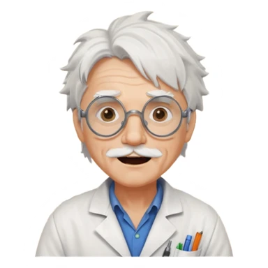 Portrait of an eccentric inventor with messy white hair, round goggles on forehead, wrinkled face with excited expression, wearing a slightly burnt lab coat, background of workshop with blueprints and tools sticker