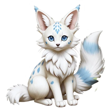 Albino-white, blue-eyed soft natural realistic romantic vintage antique divine beautiful elegant pretty precious cute young youthful  Fakémon-Pokémon-feline-Zeraora-Jolteon-serval-caracal-chinchilla-Minccino-Cinccino-Meowstic-rodent-hybrid-creature with a big fluffy bushy tail (full body) sticker