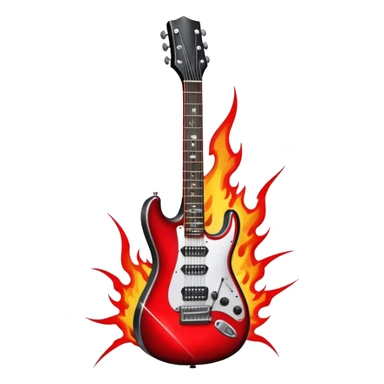Create a fierce and edgy emoji representing hardcore rock vocal performance in a humanless collage. The design should feature a vintage microphone at the center, Add crossed drumsticks behind the microphone to symbolize the rhythm and power of the drums. surrounded by a menacing, distorted electric guitar with sharp, aggressive angles. Include subtle elements like lightning bolts, flames, or jagged sound waves to evoke the raw energy and intensity of hardcore rock. Use dark, intense colors like black, red, and silver, with a metallic, gritty finish to convey the rebellious, aggressive spirit of the genre. The background should be transparent. sticker