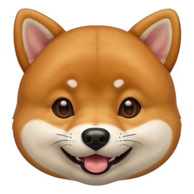 Head of a Shiba Inu dog in Apple emoji style, orange-brown fur with white muzzle and cheeks, round face, big black eyes, perky ears, grinning with closed mouth, no tongue, front-facing, glossy texture, soft shadows
 sticker