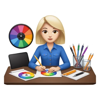 female graphic designer , color wheel, pens, papers sticker
