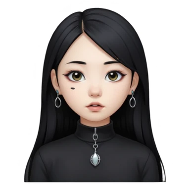 goth Asian girl, straight long black hair, vertical labret lip piercing, black mock neck shirt sticker