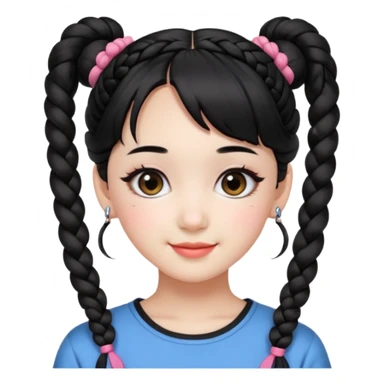 a beautiful girl face, wearing cute korean makeup, black hair, lower braided space buns with cute front bangs, kpop idol sticker