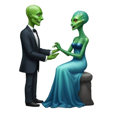 alien reptilian green skin woman, in long slim pastel blue formal party satin dress with gradient shiny sparkling navy blue diamonds embroidered , and caucasian man in black dres on his knees asks her to marry her sticker