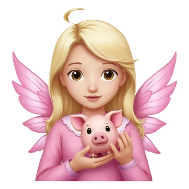 a blonde girl wearing pink clothes holding a pink pig with fairy wings sticker