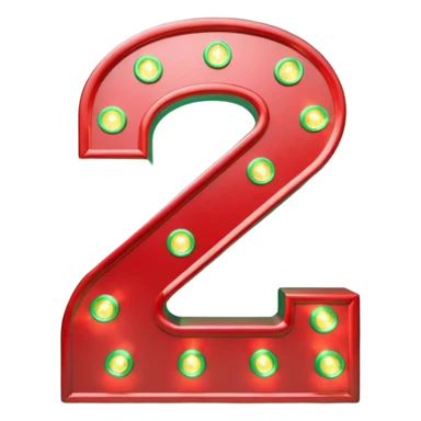 A 3D number 2 in a movie theater setting, shiny red surface; bright string lights on the number, the border is green with tiny string lights like stroke ; cinematic glow with subtle haze; glossy, premium Hollywood countdown look; centered composition. sticker