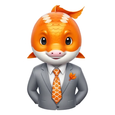 A charming and professional koi fish character, sleek rounded body with orange and white patterns, expressive eyes, friendly smile, wearing a neat business suit, white shirt, and tiny tie sticker