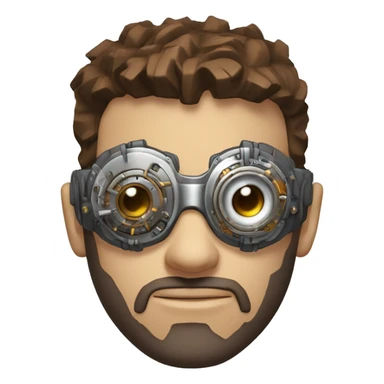 male cyborg head with brown short hair, brown beard, silver steampunk goggles and circuits sticker