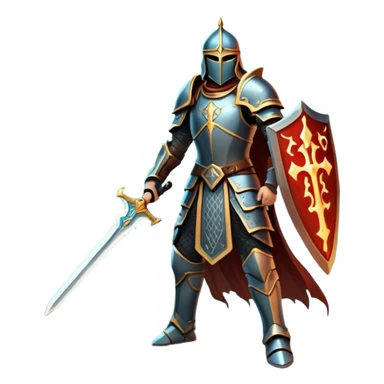 An icon representing RPG, inspired by Elden Ring. The design features a warrior in armor, holding a sword, standing in front of a mystical, dark landscape with glowing runes and a distant castle. The atmosphere evokes epic quests, exploration, and intense battles. Transparent background sticker