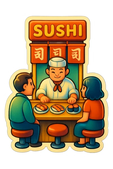 A sushi restaurant scene with a vintage setting and bright colors sticker